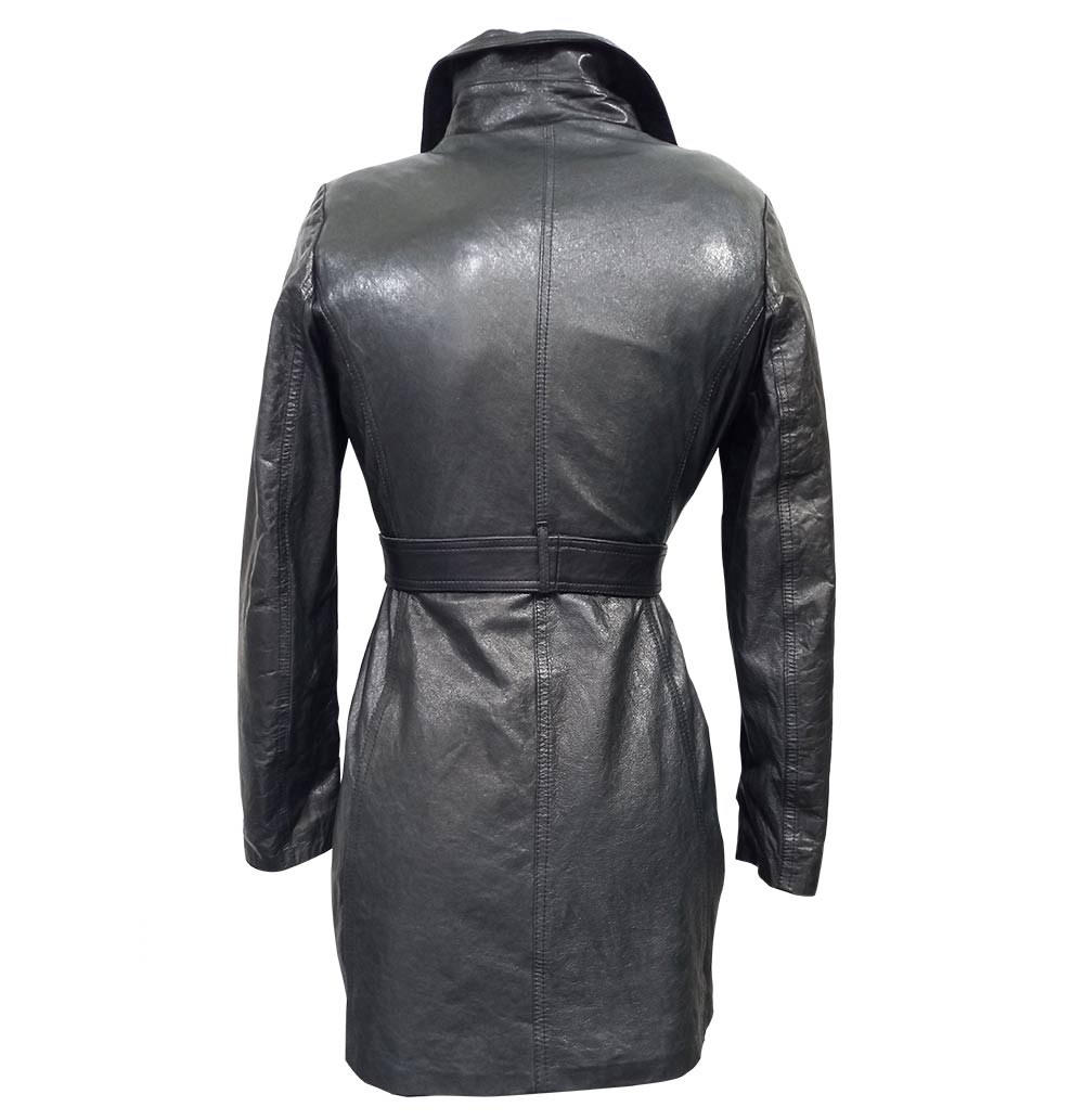 Trench In Vera Pelle Nera Per Donna - Lungo, Con Cintura E Colletto Camicia - Infinity Leather - Taglie Intere